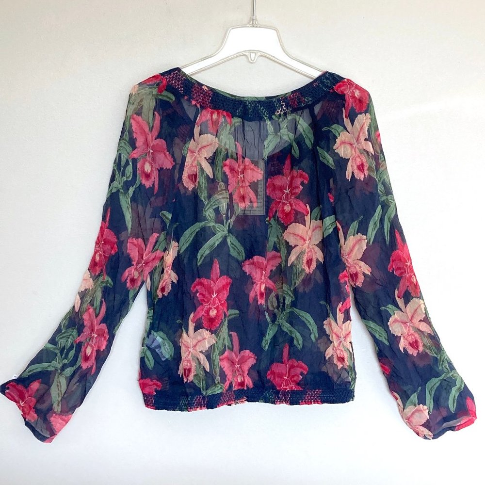 NEW Lucky Brand Silk Blouse Sheer Peasant Poet Top Hawaiian Floral Shirt - Picture 6 of 7